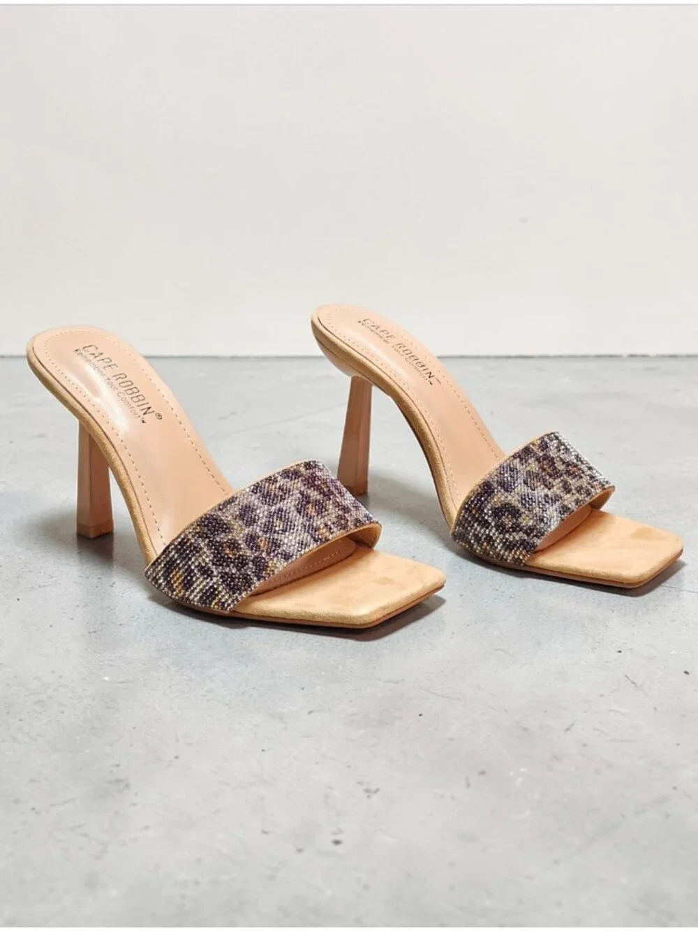 Beaded Leopard Print Square-Toe Open Heels With Stiletto Heel Design